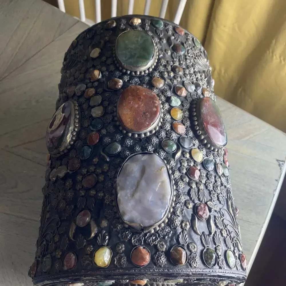 Vintage Moroccan Indian Wedding Jewelry Chest Box Dome Top Mixed Stones